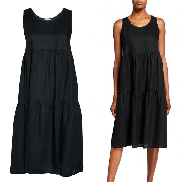 EILEEN FISHER Organic Handkerchief Linen Scoop-Neck Tiered Dress Black Petite XS - Picture 1 of 3